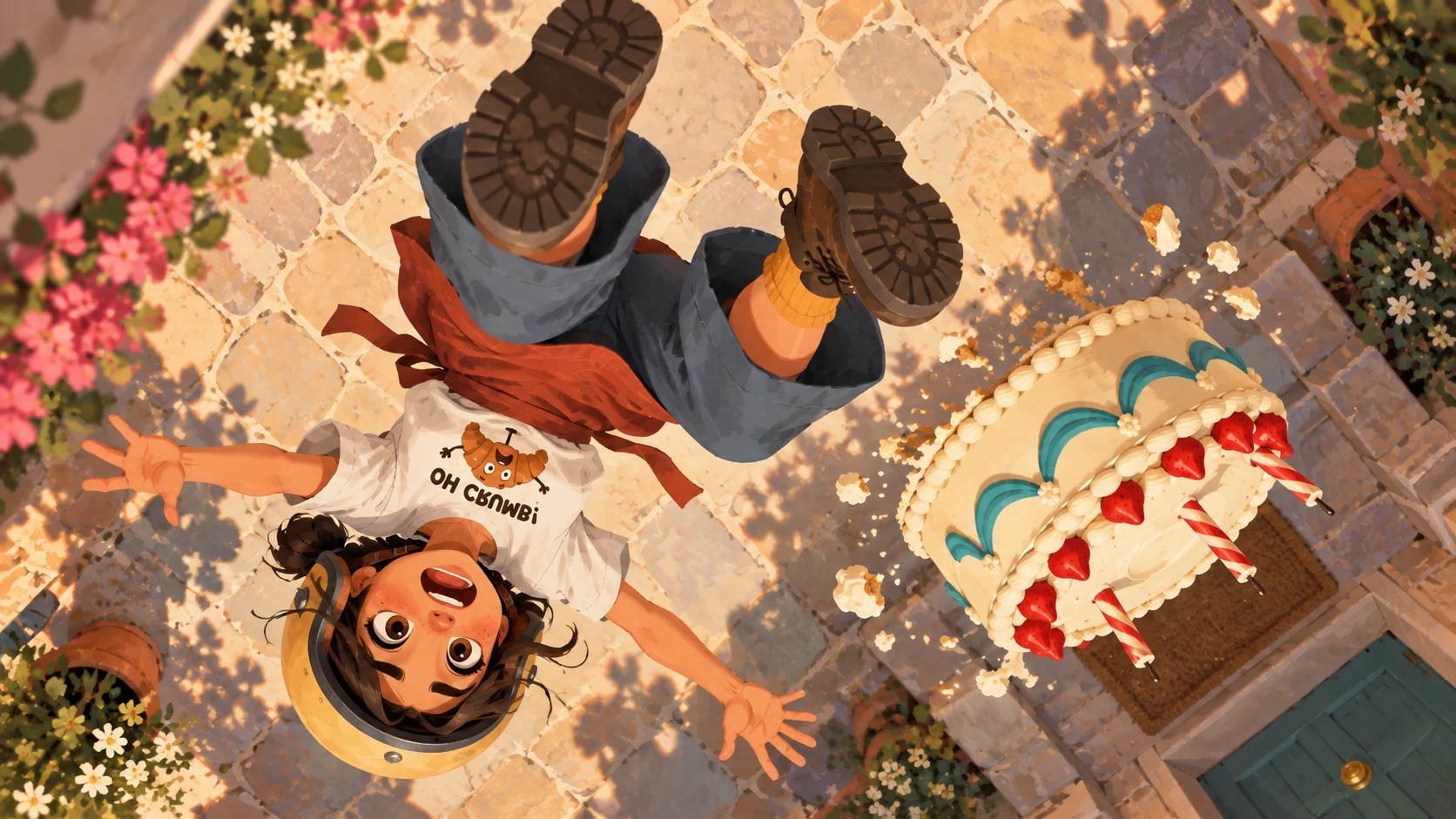 Top-down shot of the baker falling backward as her birthday cake flies, from Five Minutes Late